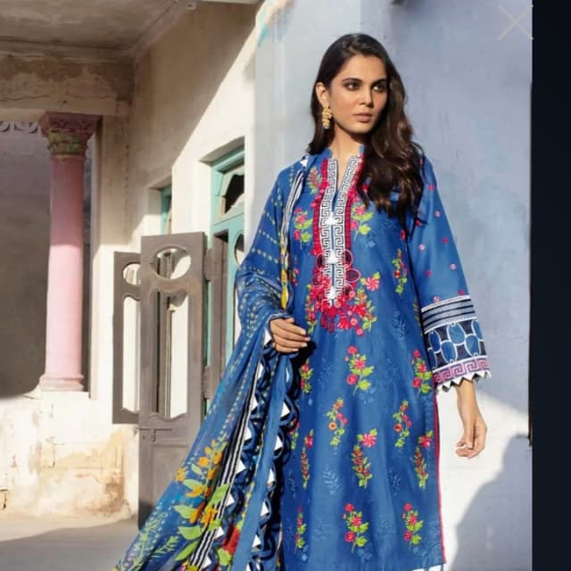 3PC Unstitched Digital Printed Embroidered Lawn Suit With Digital Printed C