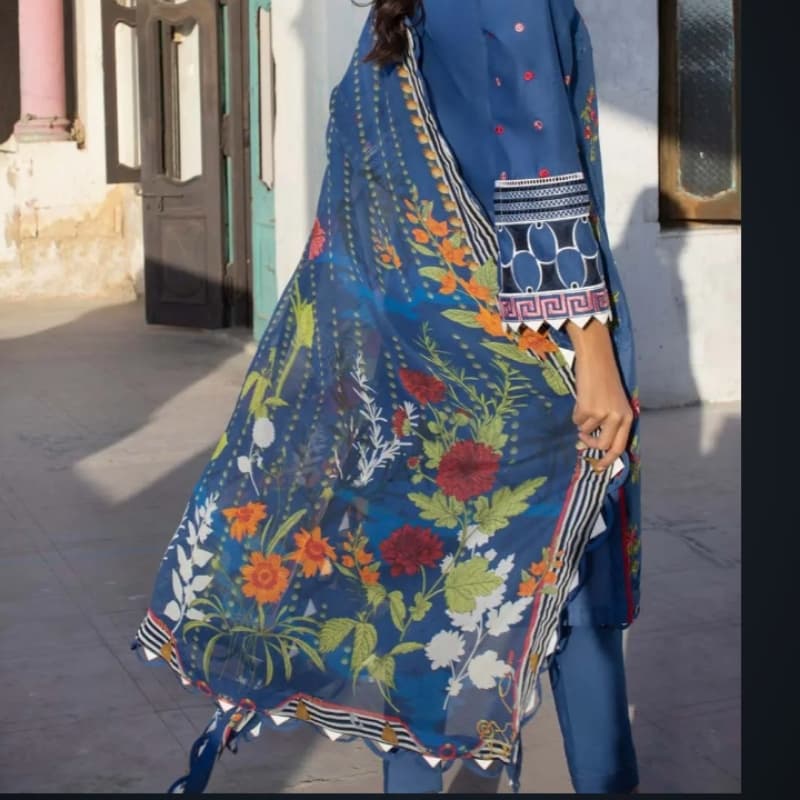 3PC Unstitched Digital Printed Embroidered Lawn Suit With Digital Printed C