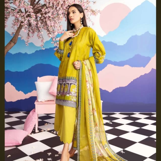 3PC Unstitched Printed Satin Jacquard Suit with Lawn Dupatta DCS-27