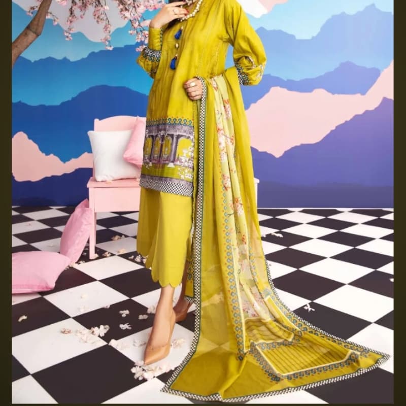 3PC Unstitched Printed Satin Jacquard Suit with Lawn Dupatta DCS-27