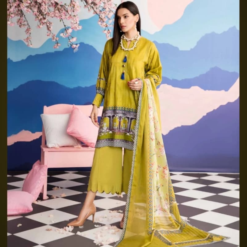 3PC Unstitched Printed Satin Jacquard Suit with Lawn Dupatta DCS-27