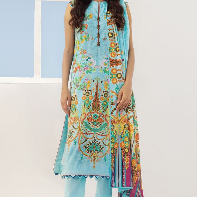 3 Pc Printed Lawn Suit With Doria Dupatta. SS-11.1-21-2-Sky Blue
