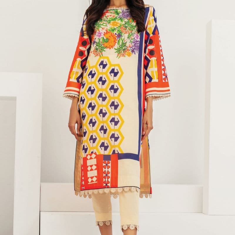 2 Pc Printed Lawn Suit With Cambric Trouser
   SS-21-21-2-Cream