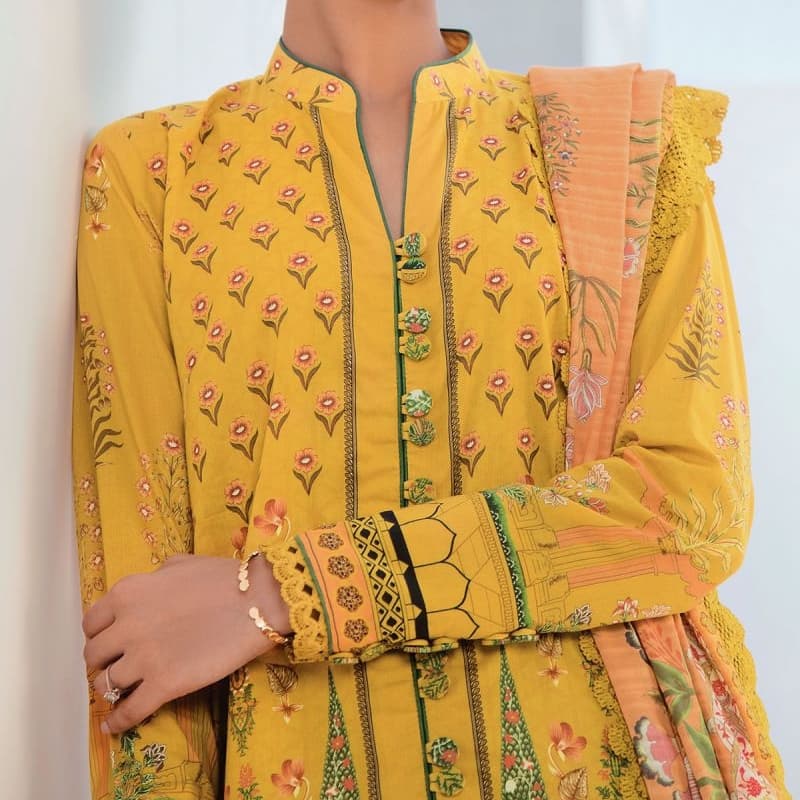 3 Pc Digital Lawn Suit With Digital Doria Lawn Dupatta.   : SS-13.1-21-Yell