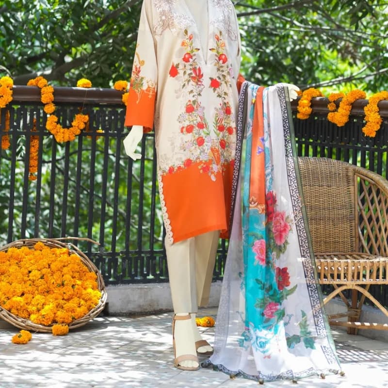 Embroidery Mill Print Lawn Shirt - Dyed Basic Lawn Trouser - Basic Digital 