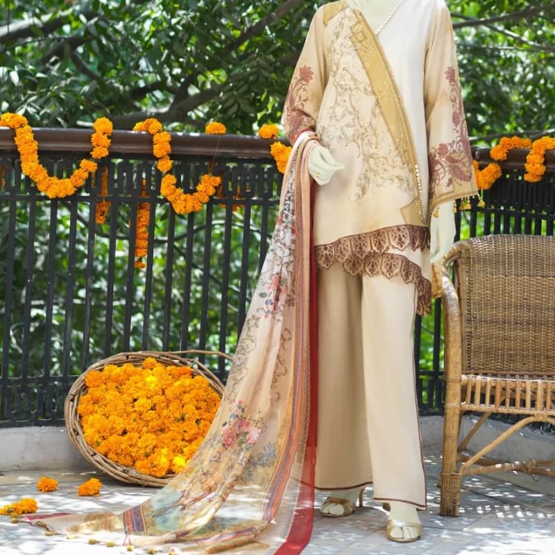 Embroidery Mill Print Lawn Shirt - Dyed Basic Lawn Trouser - Basic Digital 
