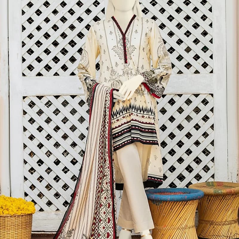 Embroidered Mill Print Lawn Shirt - Dyed Laced/Cut Lawn Trouser - Basic Mil