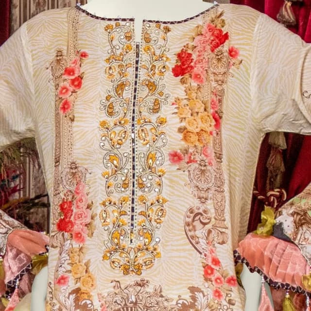 Embroidered Lawn Shirt With Organza Dupatta.  S-21-776- gold beige