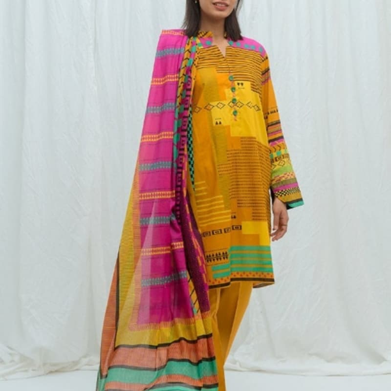 3 piece unstitched mustard lines printed beechtree