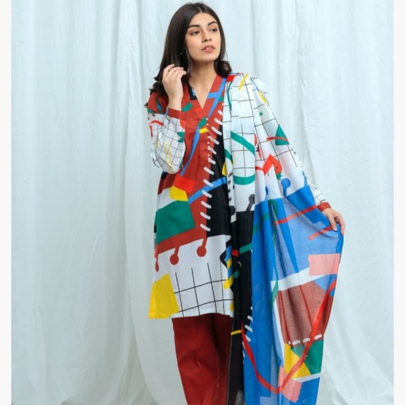 2 piece unstitched printed lawn by beechtree ... Abstract block print