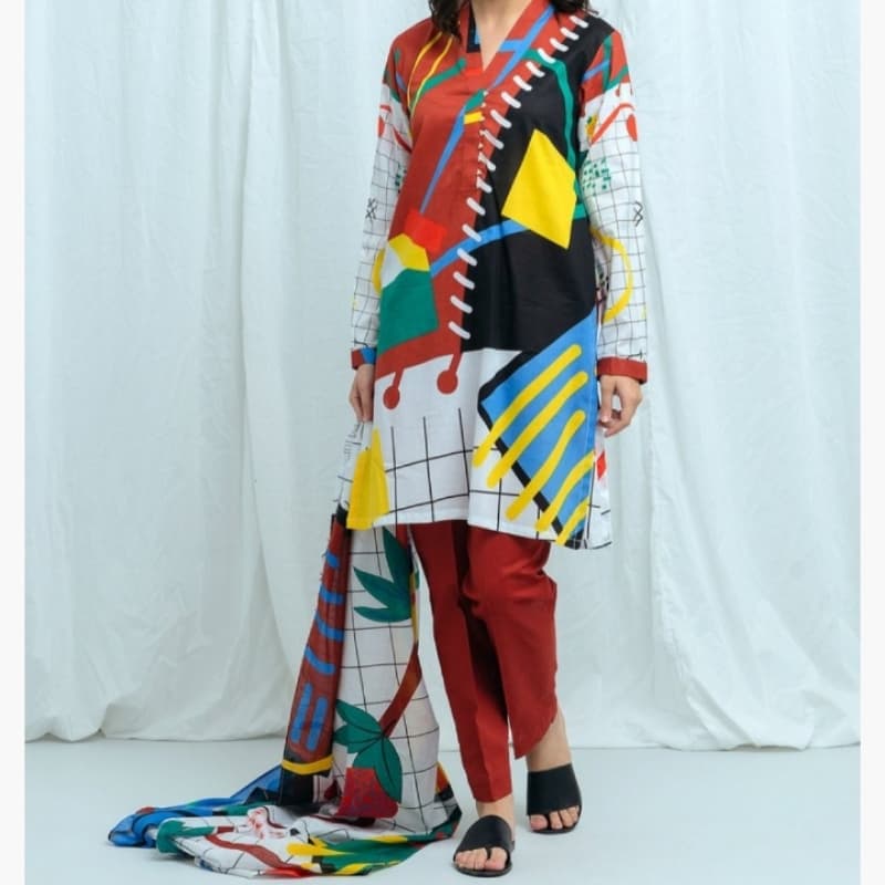 2 piece unstitched printed lawn by beechtree ... Abstract block print