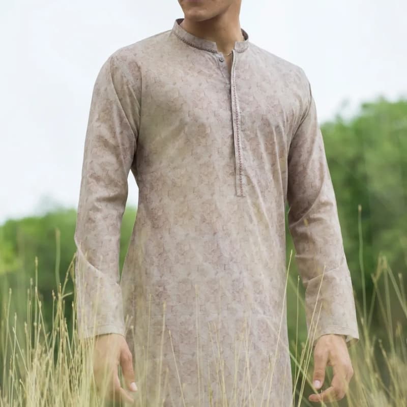 Semiformal Kurta For Men On Printed Lawn Fabric With Computer Embroidery On
