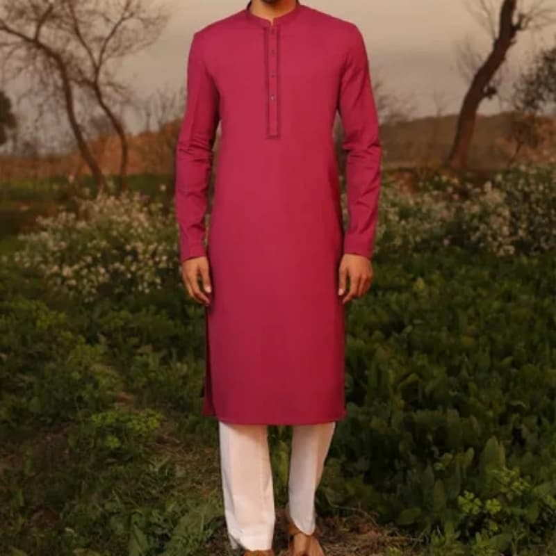 Plain Kurta For Men With Contrast Applique & Stitching Detail On Collar.   