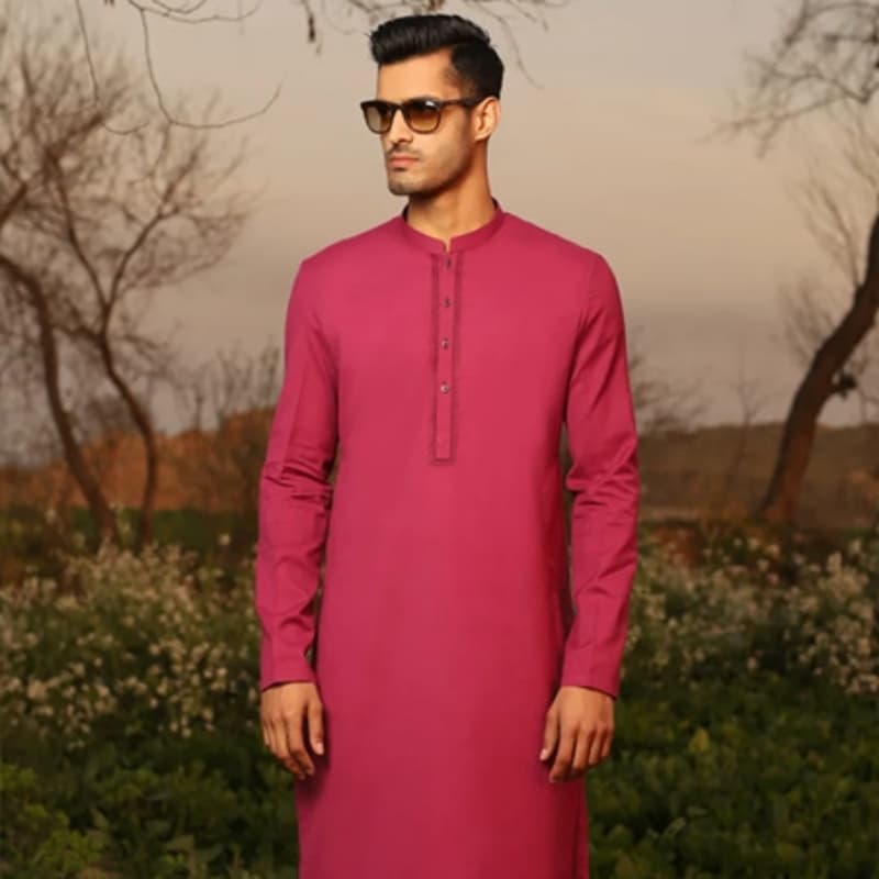 Plain Kurta For Men With Contrast Applique & Stitching Detail On Collar.   