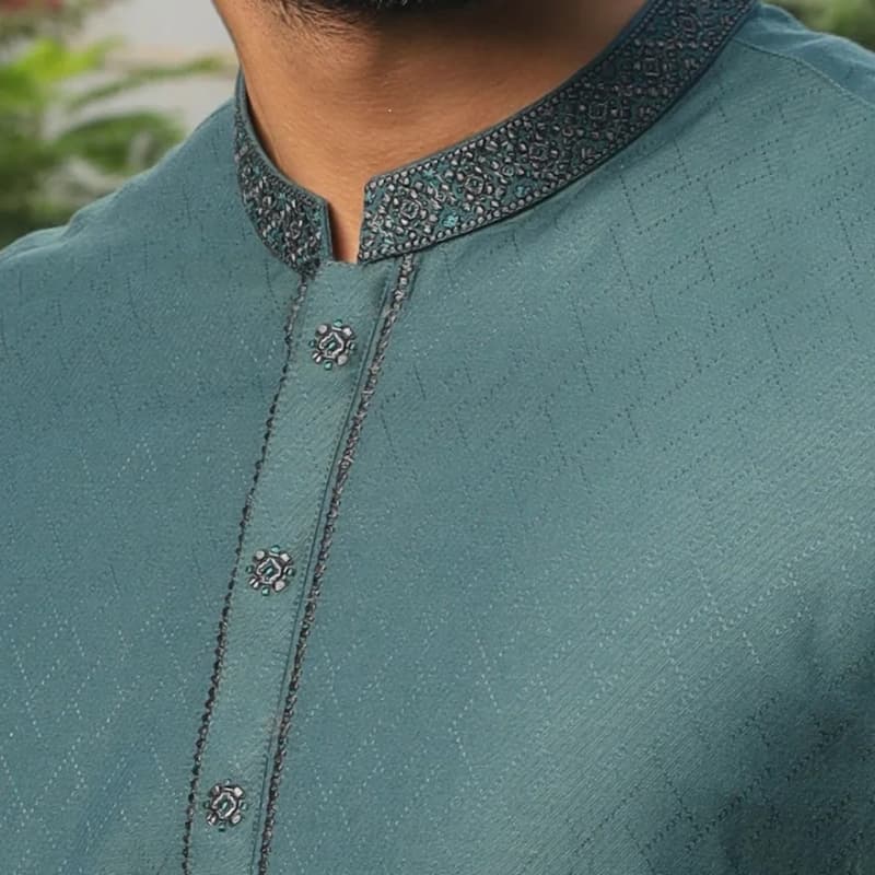 Semi-Formal Kurta For Men With Computerized Machine Embroidery On Collar Pl