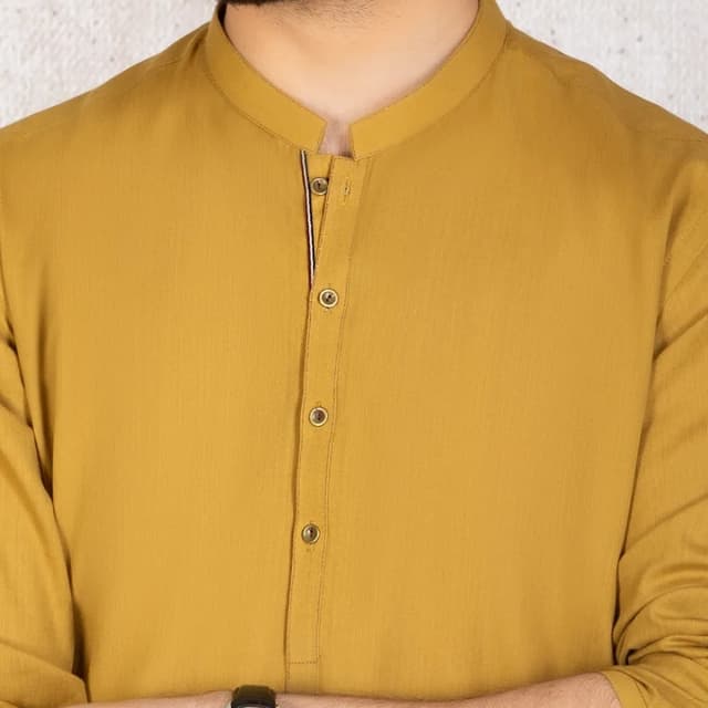 Plain Kurta On Bunnat Fabric For Men With ContrastTwill Tape On Sleeves Sid