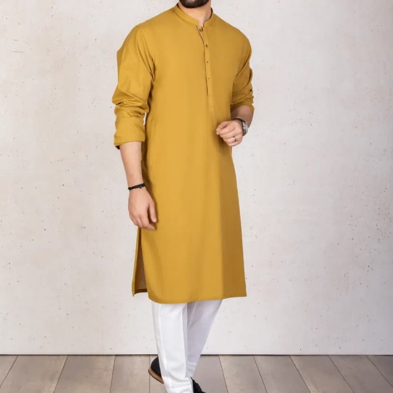 Plain Kurta On Bunnat Fabric For Men With ContrastTwill Tape On Sleeves Sid