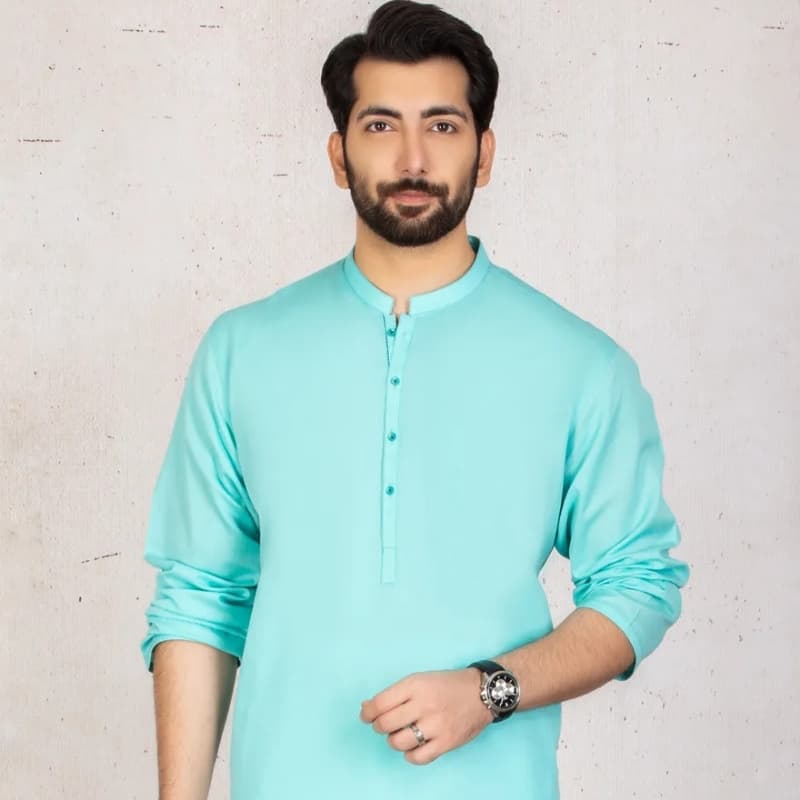 Plain Kurta On Bunnat Fabric For Men With Contrast Twill Tape On Sleeves Si