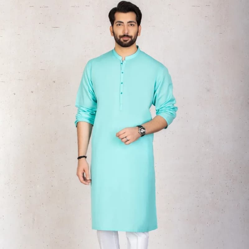 Plain Kurta On Bunnat Fabric For Men With Contrast Twill Tape On Sleeves Si