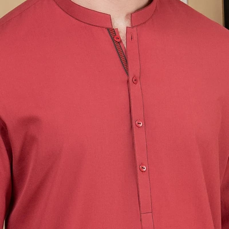 Plain Kurta On Bunnat Fabric For Men With Contrast Twill Tape On Sleeves Si