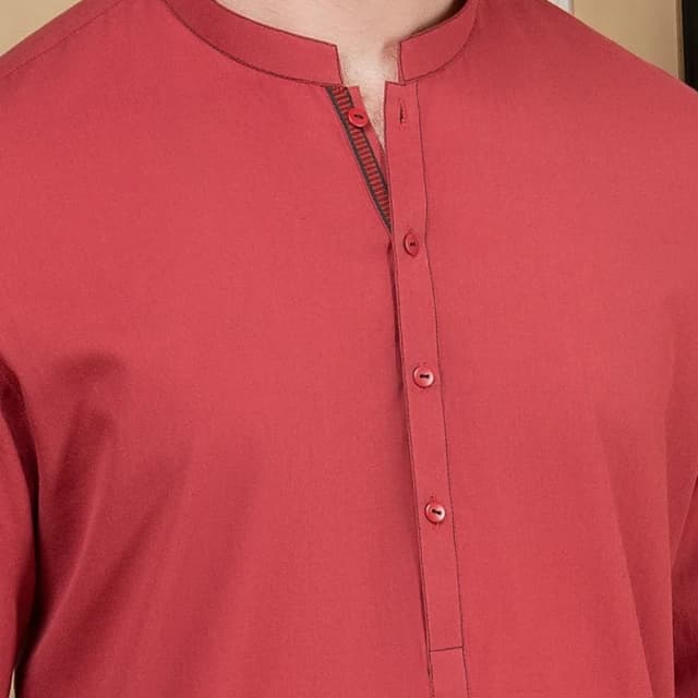 Plain Kurta On Bunnat Fabric For Men With Contrast Twill Tape On Sleeves Si