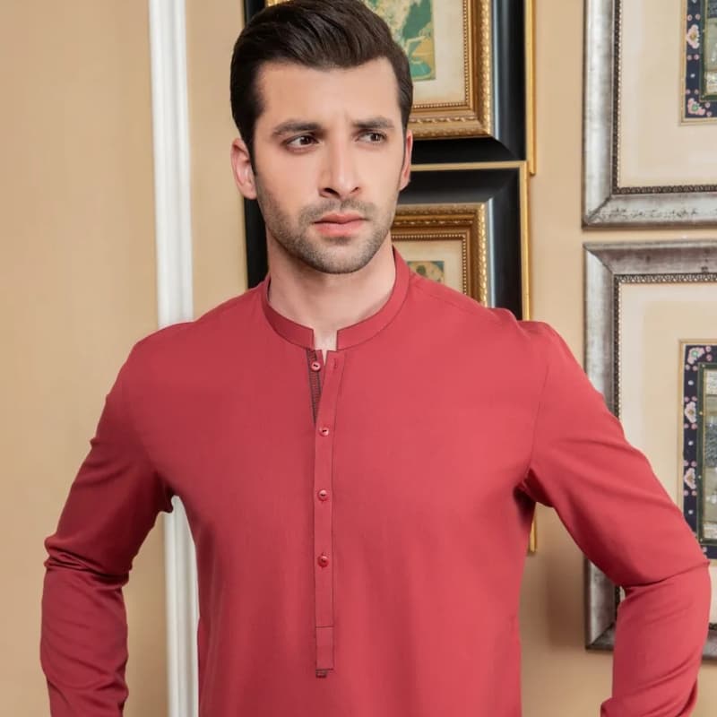 Plain Kurta On Bunnat Fabric For Men With Contrast Twill Tape On Sleeves Si