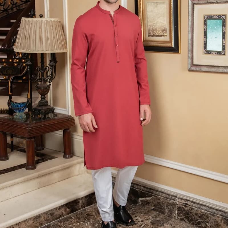 Plain Kurta On Bunnat Fabric For Men With Contrast Twill Tape On Sleeves Si