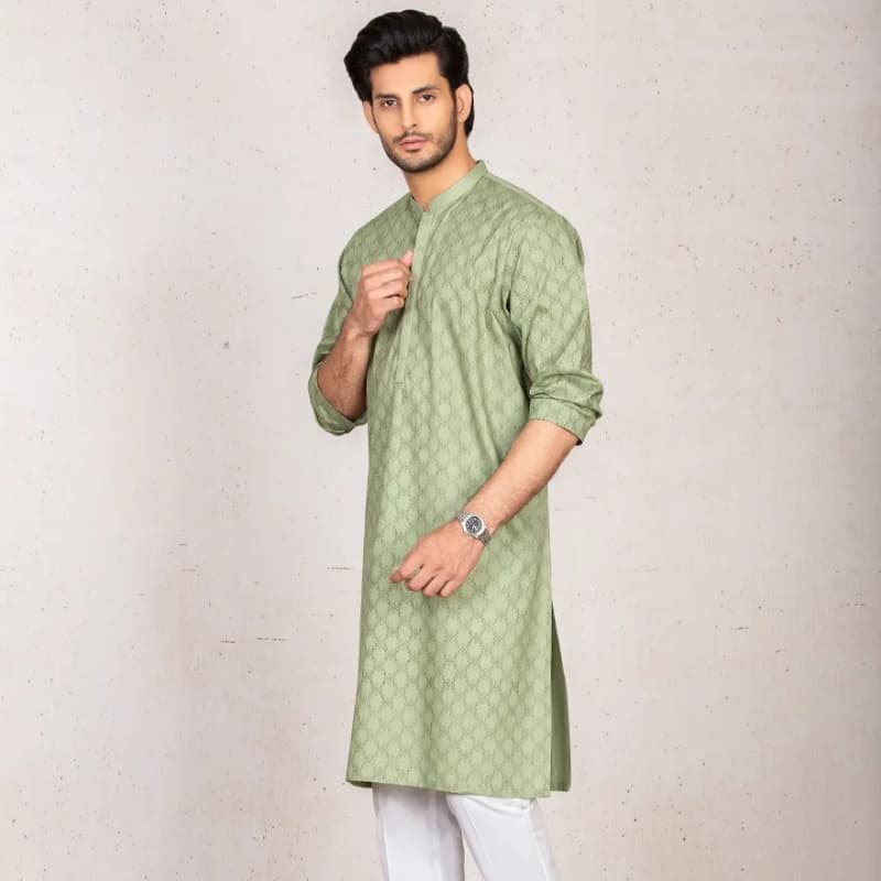 Semi-Formal Kurta For Men With Cuts Work On Placket & Screen Print On Front