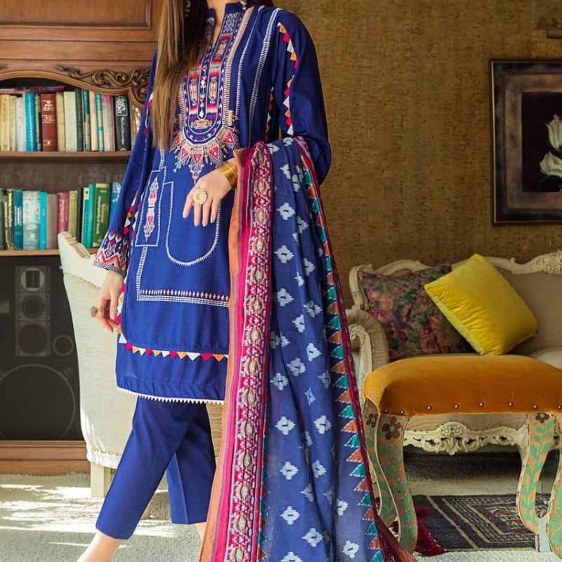 3PC Unstitched Lawn Embroidered Suit With Jacquard Dupatta MJ-86
