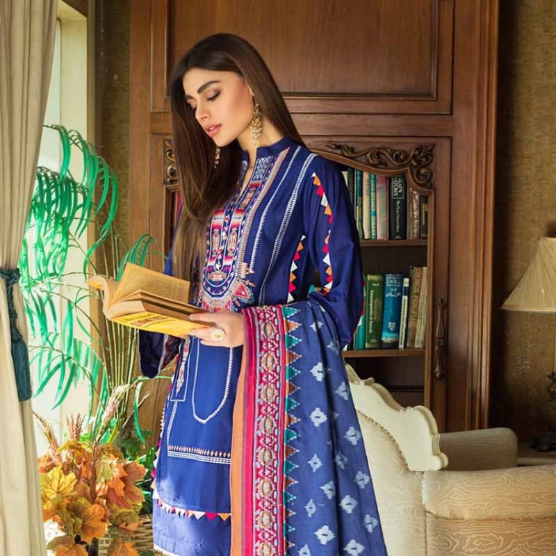 3PC Unstitched Lawn Embroidered Suit With Jacquard Dupatta MJ-86