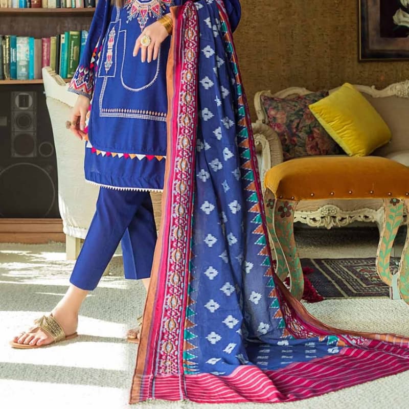 3PC Unstitched Lawn Embroidered Suit With Jacquard Dupatta MJ-86