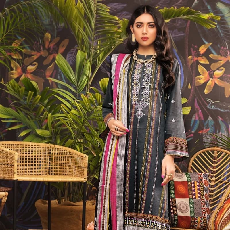 3PC Unstitched Embroiderd Printed Lawn Suit With Printed Lawn Dupatta CL-10