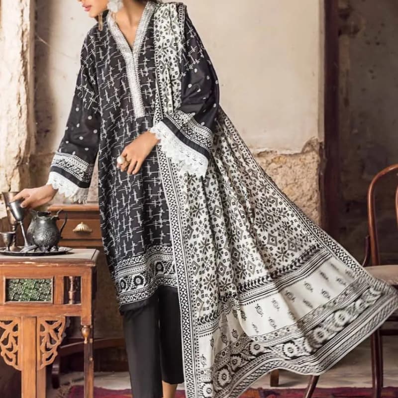 3PC Unstitched Embroidered Lawn Suit With Lawn Dupatta B-12013