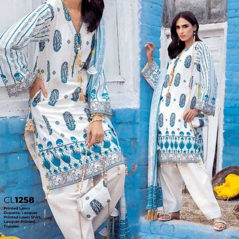 3PC Unstitched Lacquer Printed Lawn Suit With Printed Lawn Dupatta CL-1258