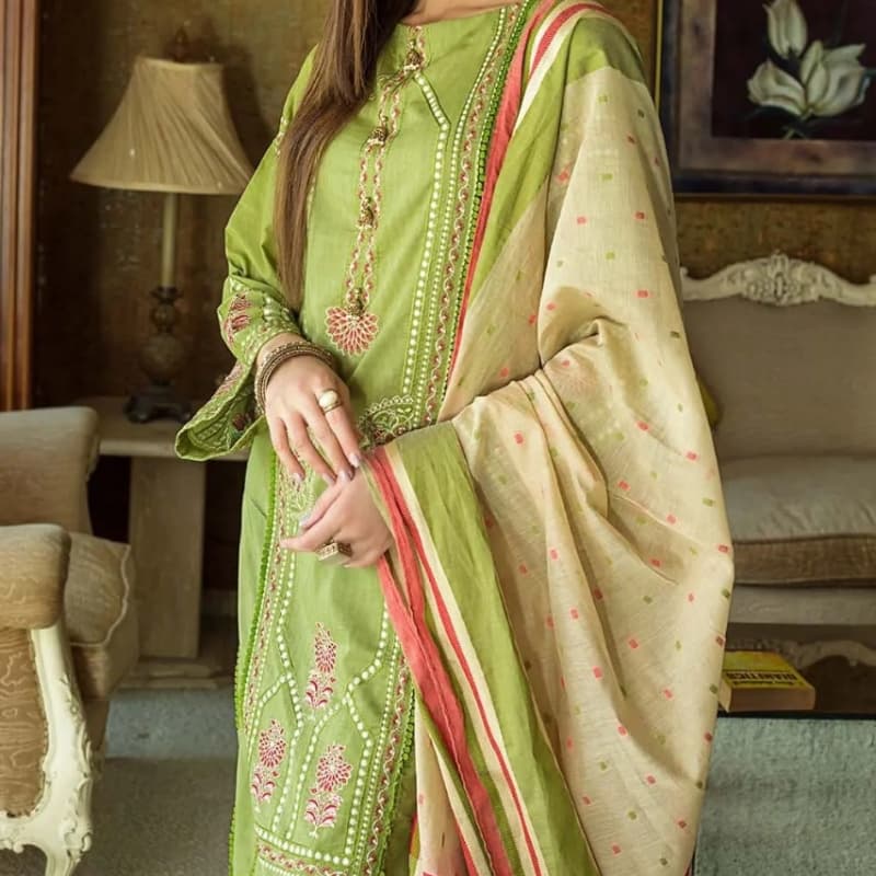 3PC Unstitched Lawn Embroidered Suit With Jacquard Dupatta MJ-80
