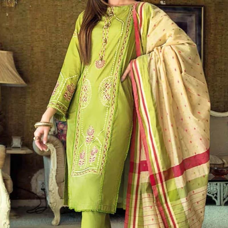 3PC Unstitched Lawn Embroidered Suit With Jacquard Dupatta MJ-80