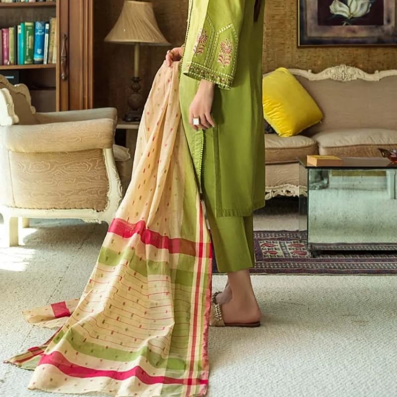3PC Unstitched Lawn Embroidered Suit With Jacquard Dupatta MJ-80