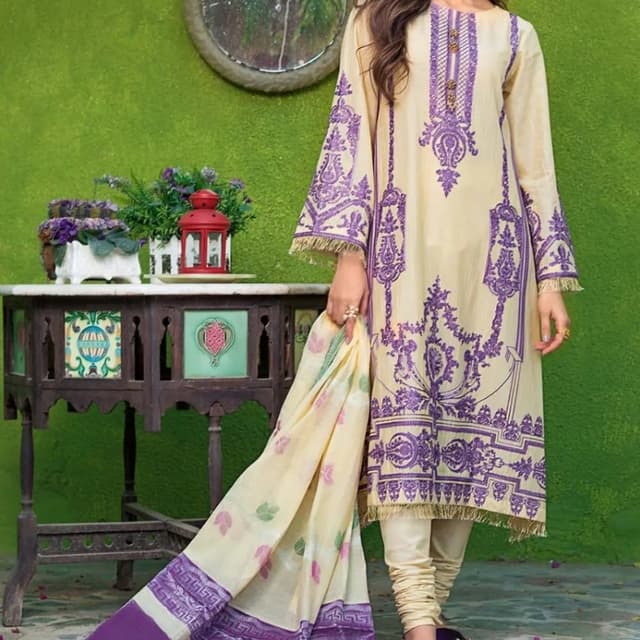 3PC Unstitched Lawn Embroidered Suit With Jacquard Dupatta MJ-79