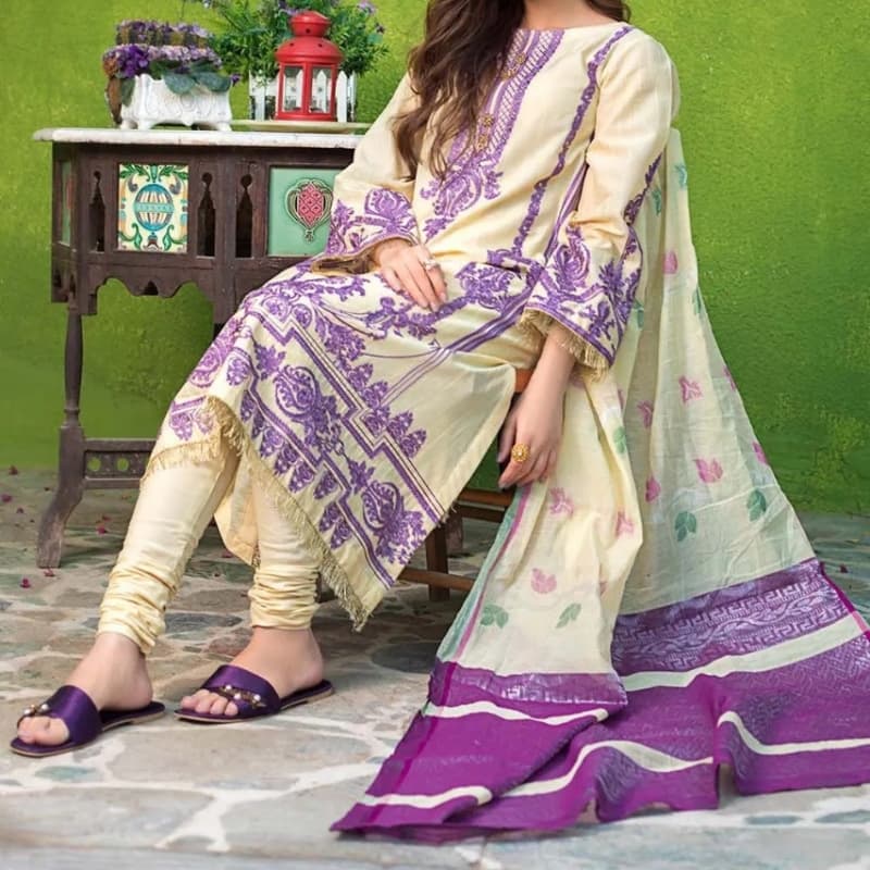 3PC Unstitched Lawn Embroidered Suit With Jacquard Dupatta MJ-79