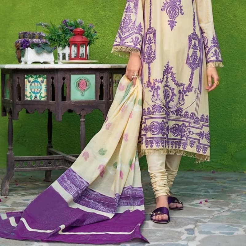 3PC Unstitched Lawn Embroidered Suit With Jacquard Dupatta MJ-79