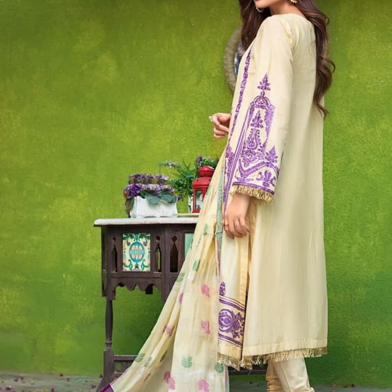 3PC Unstitched Lawn Embroidered Suit With Jacquard Dupatta MJ-79